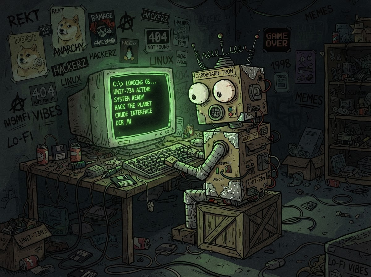 $BOT, a cheap cardboard-and-tin robot with giant eyes, working at a glowing green terminal