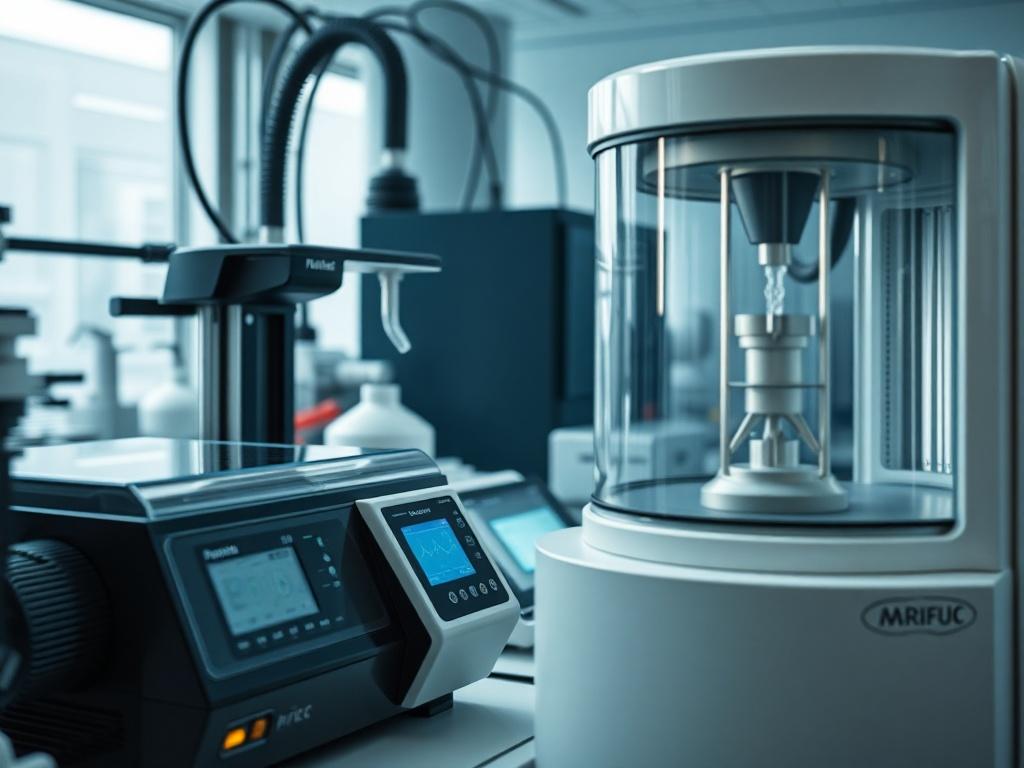 A hyper-realistic close-up shot of a high-tech laboratory setting, featuring advanced equipment such as a 3D printer and a centrifuge. The setting is bright and modern, with a focus on the technological tools that facilitate groundbreaking medical research. The image captures the intricate details of the machinery, emphasizing the role that technology plays in innovation. The overall vibe is one of cutting-edge science and the promise of future advancements in healthcare.