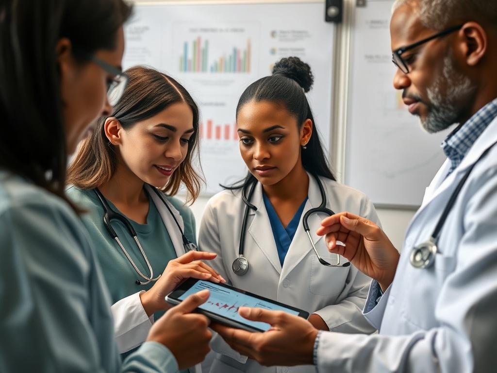 A hyper-realistic close-up shot of a diverse team of medical professionals engaged in a discussion over research data displayed on a tablet. The group consists of men and women of different ethnicities, showcasing teamwork and collaboration. The background includes charts and graphs on a whiteboard that illustrate their research findings. The image conveys a sense of unity and shared purpose, highlighting the collaborative spirit that drives medical innovation forward.