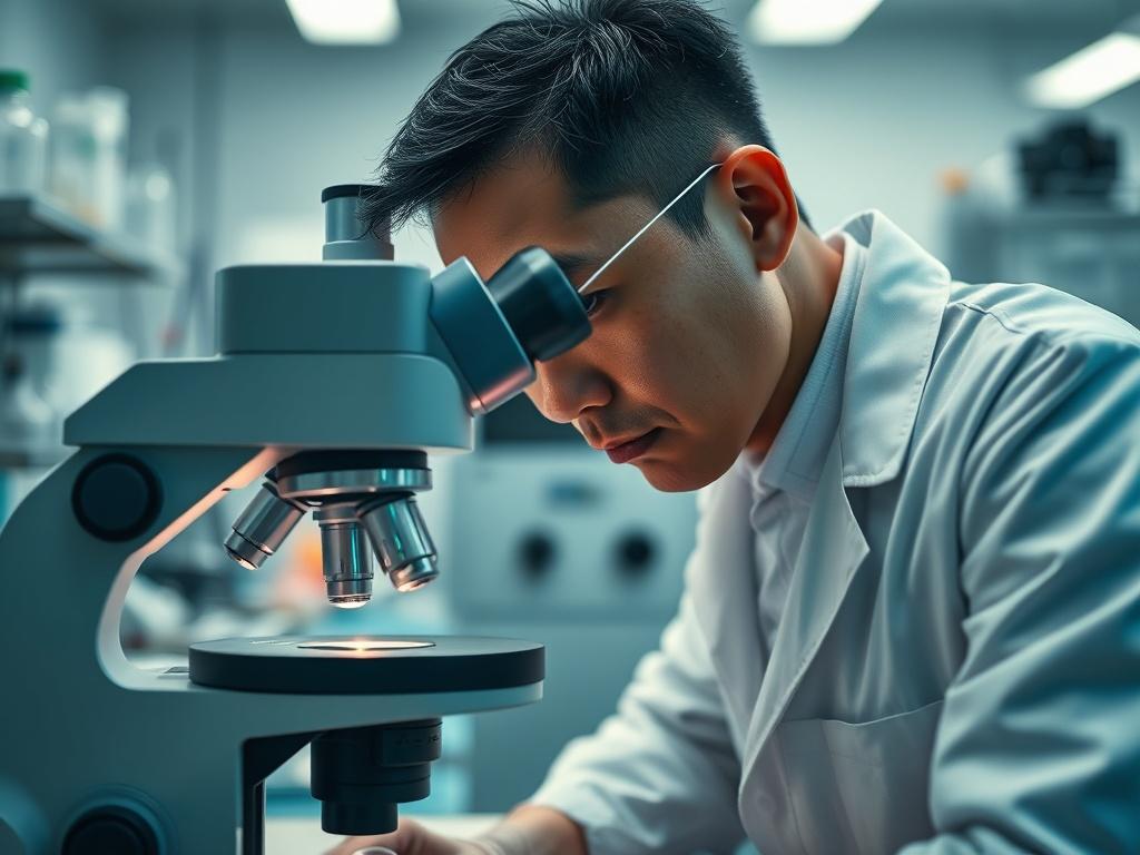 A hyper-realistic close-up shot of a scientist in a lab coat, intently examining a sample under a microscope. The background features a well-organized laboratory with various scientific equipment and soft lighting that creates a focused atmosphere. The scientist is of Asian descent, showcasing determination and concentration, with the microscope reflecting subtle light. The image captures the essence of cutting-edge medical research and innovation, emphasizing the importance of attention to detail in scient