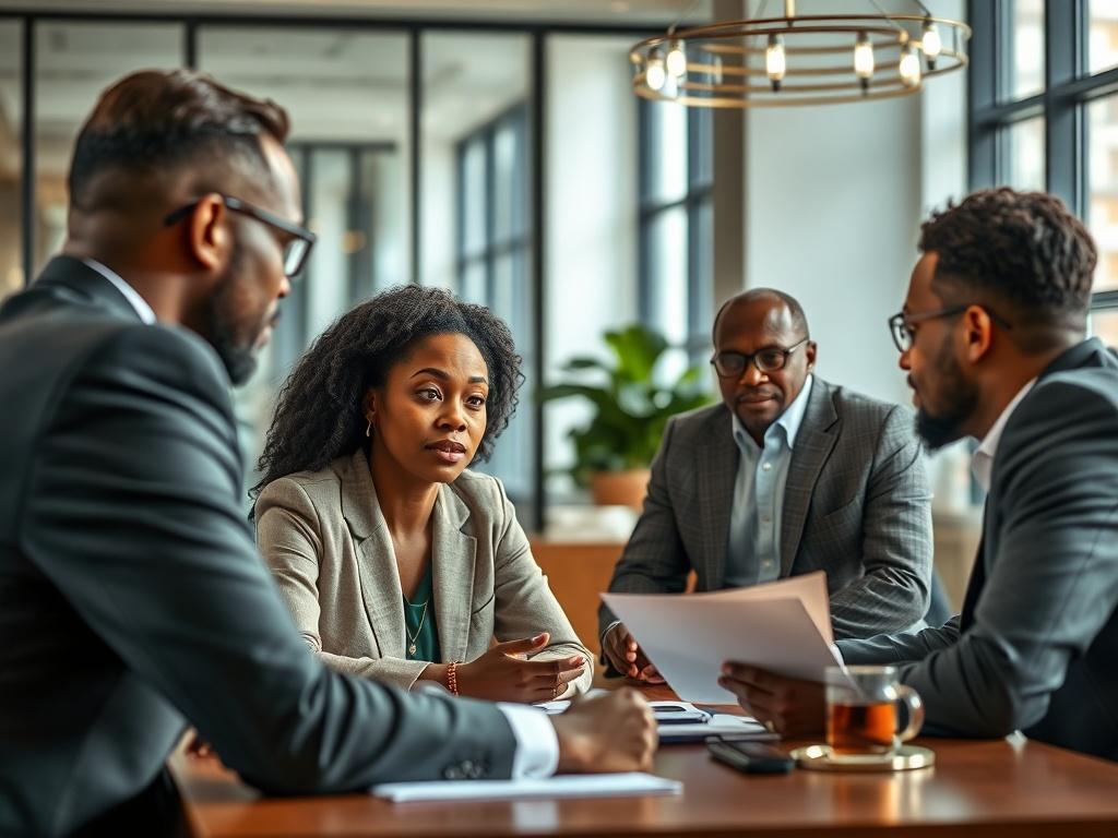 A realistic high-resolution photo of a diverse group of people engaged in a consulting session. The scene features a confident African woman and a European man discussing and brainstorming ideas around a table. The background should be an elegant office space with natural light and modern decor. The focus should be on their expressions and collaborative interaction, capturing the essence of teamwork and cross-cultural communication.