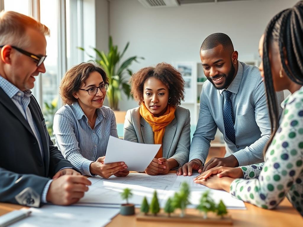 Close-up shot of a diverse team of European and African professionals collaborating over renewable energy project plans. The scene captures a bright, modern office environment with architectural drawings, laptops, and green energy models in the background. The focus is on the professionals engaged in discussion, showcasing a sense of teamwork and innovation in the renewable energy sector.