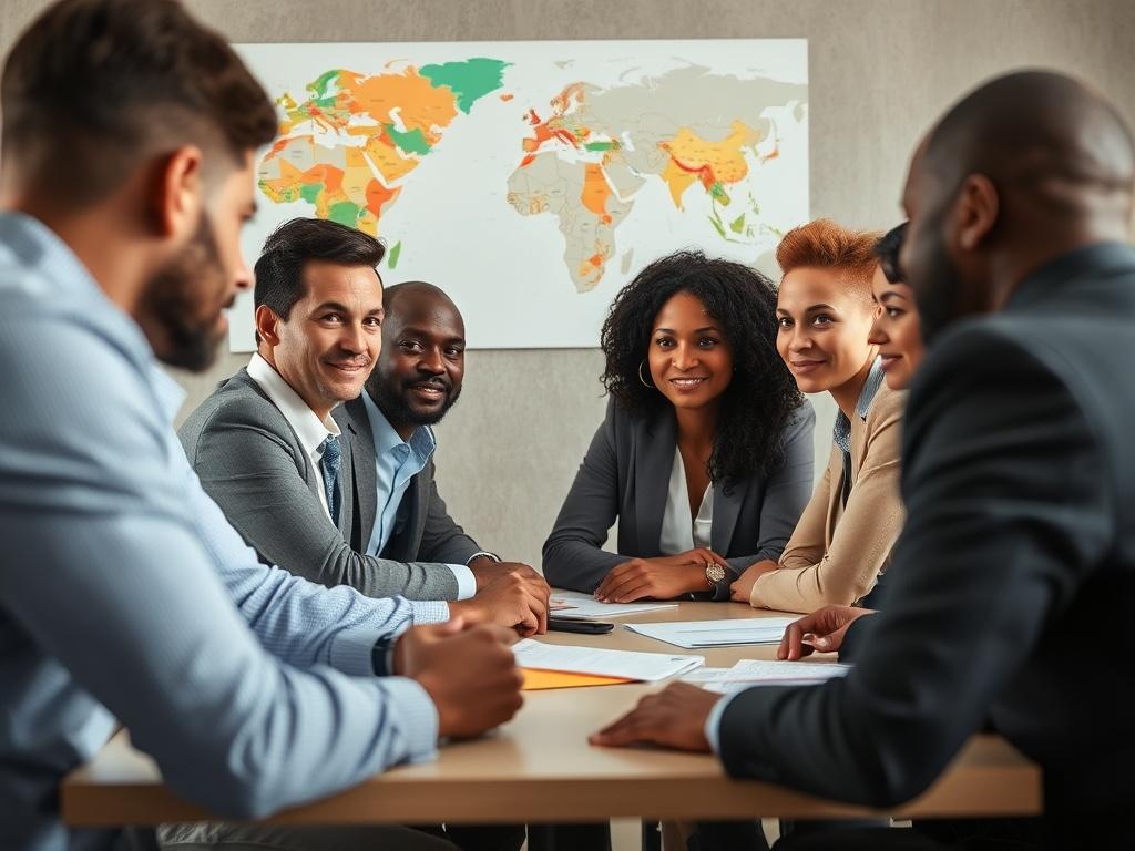 Un groupe diversifié de professionnels assis autour d'une table de réunion, discutant d'un projet. En arrière-plan, des cartes de l'Afrique du Nord, de l'Afrique subsaharienne et de l'Europe sont accrochées au mur. La composition est claire, avec un éclairage naturel qui met en valeur les visages concentrés et engagés des participants. L'image doit transmettre un sentiment de collaboration internationale et d'innovation.