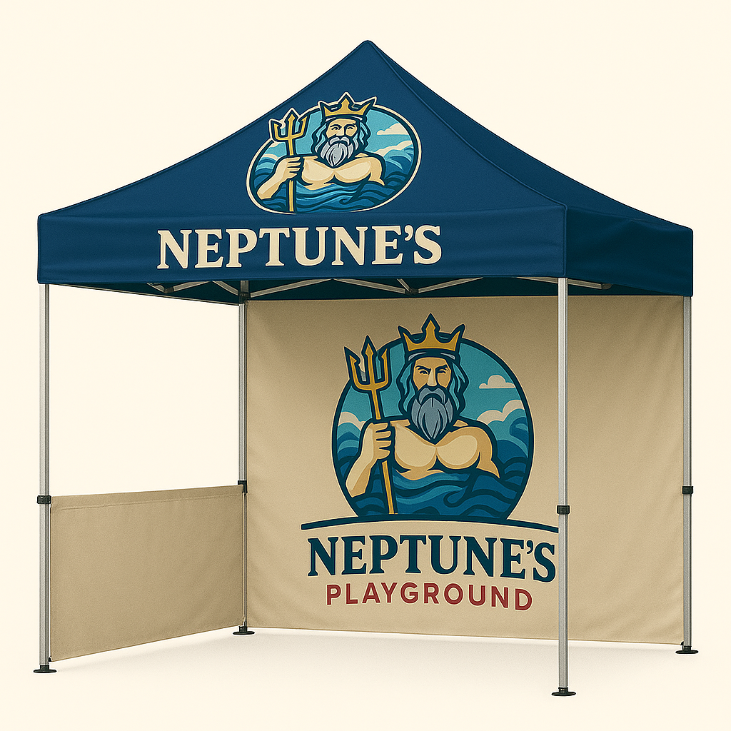 Professional branded watersports setup with Neptune's Playground canopy tent at Caribbean beach