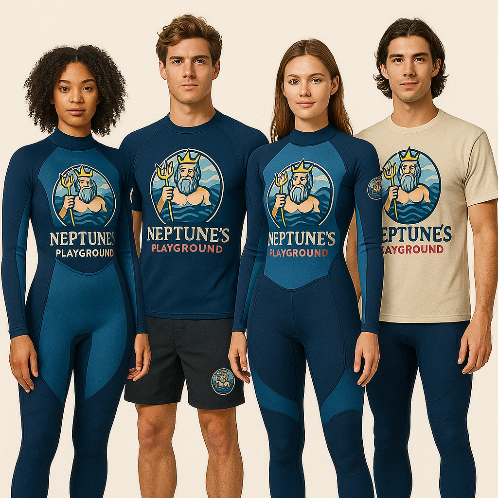 Premium branded Neptune's Playground merchandise and wetsuits for water sports
