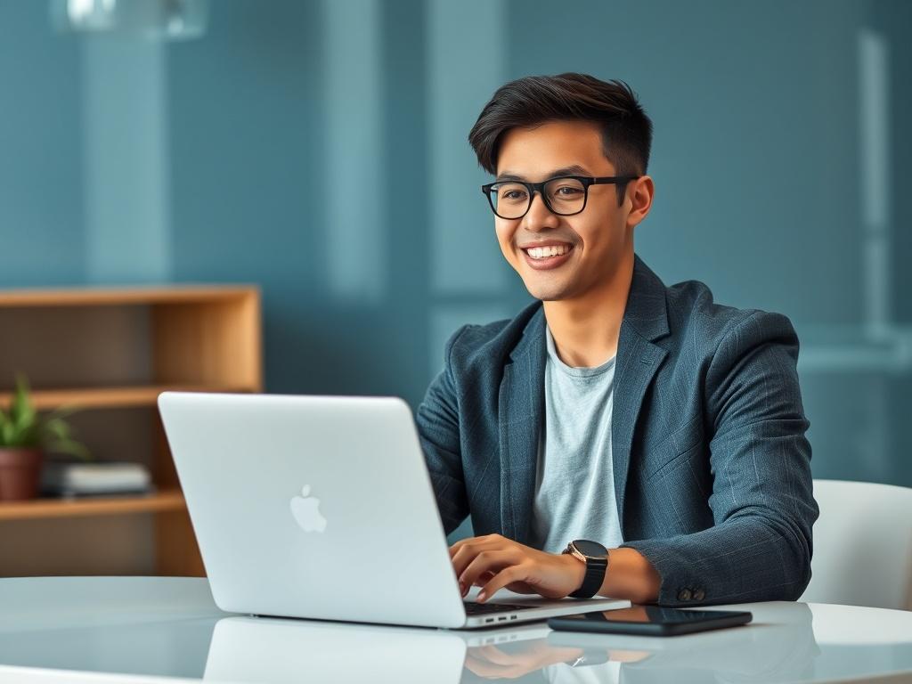 A realistic high-resolution photo of a young professional sitting at a modern desk, focused on creating a digital profile on a laptop. The background features a cool-toned environment with shades of rich blues and soft grays. The subject is smiling, showcasing enthusiasm and confidence. The composition should be simple and clear, highlighting the individual and their workspace.