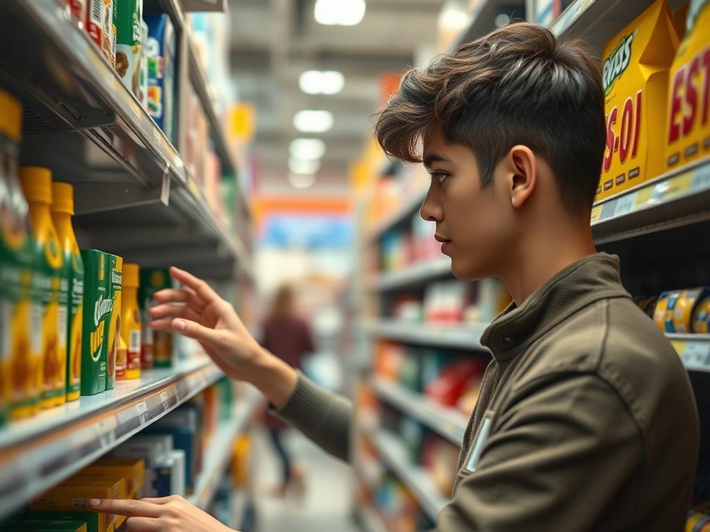 A hyper-realistic close-up shot of a young person restocking shelves in a retail store, with a focus on the individual's hands and the products they are placing on the shelves. The background should be slightly blurred to emphasize the subject, showcasing a vibrant retail environment. The lighting should be bright and inviting, capturing the essence of a busy store atmosphere.