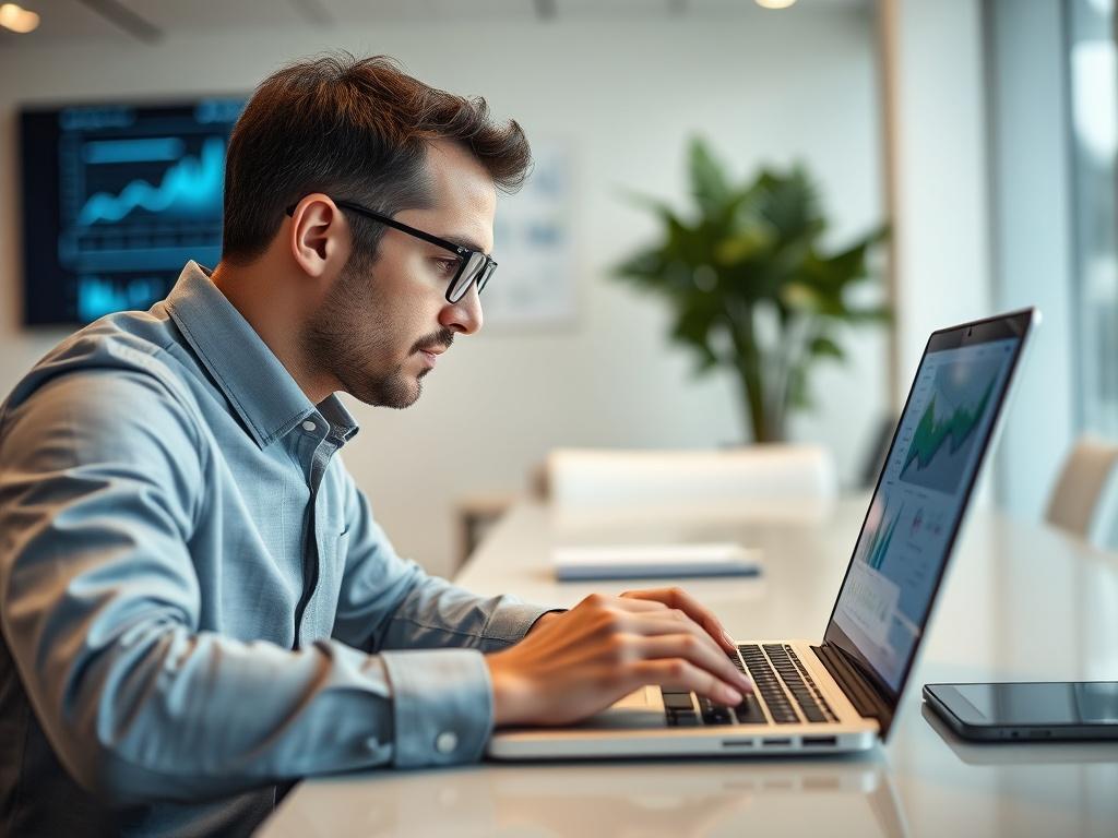 A close-up shot of a marketing consultant working on a laptop, analyzing graphs and data on the screen, in a modern office setting, with a clean and professional background. The focus should be on the consultant with an emphasis on their concentration and expertise.