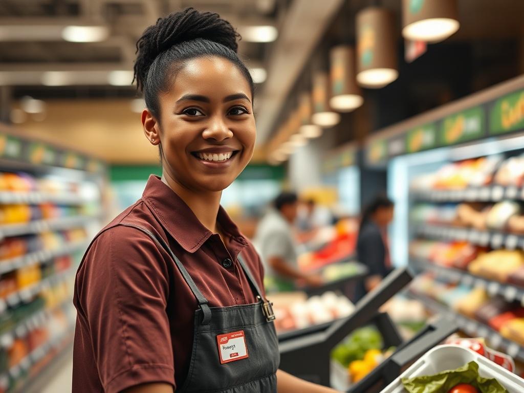 A hyper-realistic close-up portrait of a cashier in a supermarket, smiling and engaging with customers. The cashier is wearing a uniform with a name tag, working at a checkout counter filled with groceries. The background shows a well-organized supermarket aisle with colorful products. The lighting is warm and inviting, emphasizing a friendly atmosphere. Shot with a 45mm f/1.2 lens.
