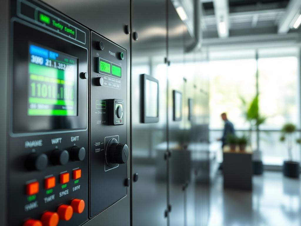A close-up shot of a modern energy system control panel, showcasing advanced technology with digital displays and controls. The background should be an office environment with soft lighting, emphasizing a clean and professional atmosphere. The image should reflect shades of green, symbolizing sustainability, and should be shot using a 45mm f/1.2 lens for a hyper-realistic effect.