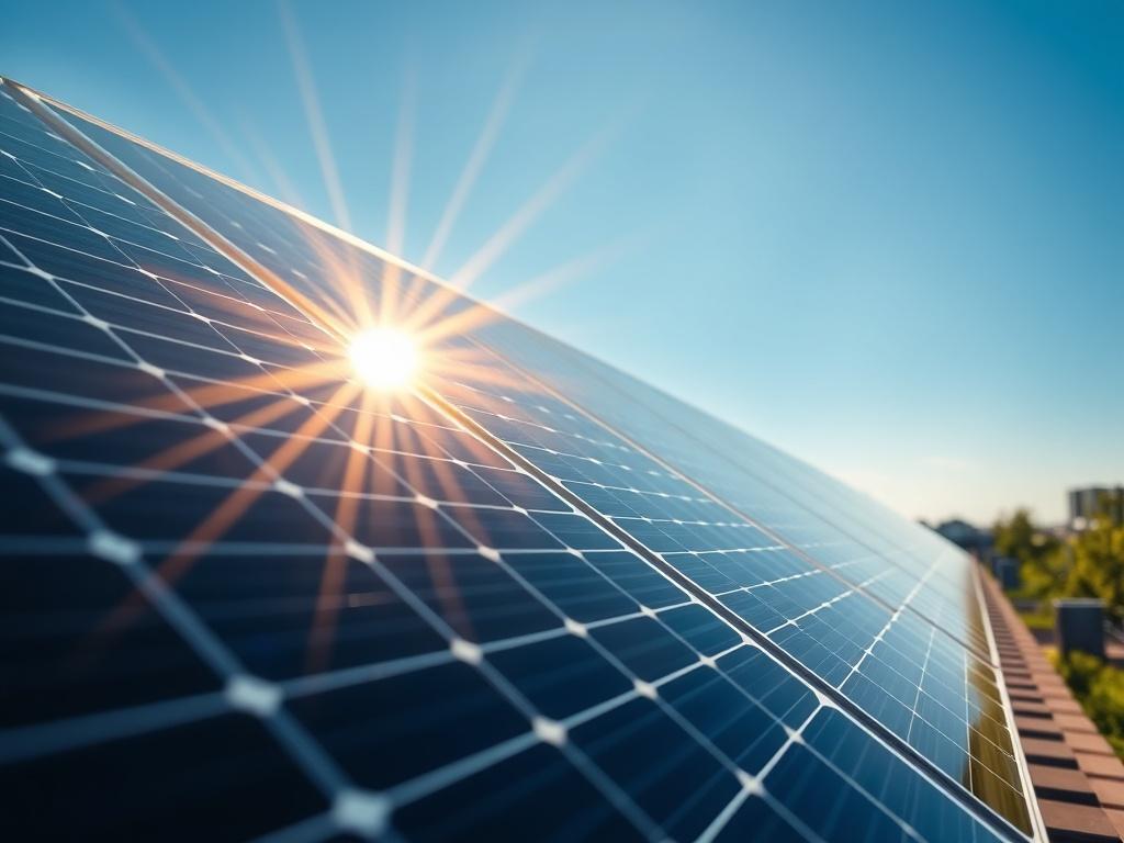 A high-resolution close-up shot of solar panels installed on a business rooftop, showcasing the sun's rays reflecting off the panels. The background should include a clear blue sky and greenery to symbolize sustainability. The image should evoke a sense of innovation and commitment to renewable energy.