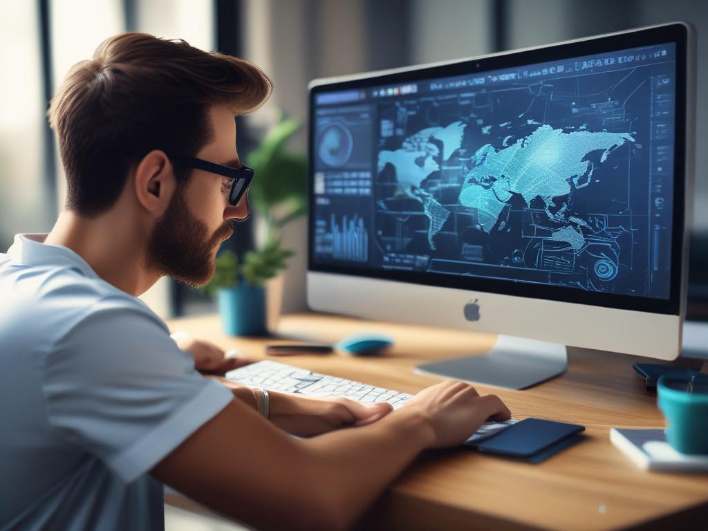 Webdesigner am Computer mit Weltkarte - HDesignwerk modernes Webdesign und strategische Unternehmensberatung