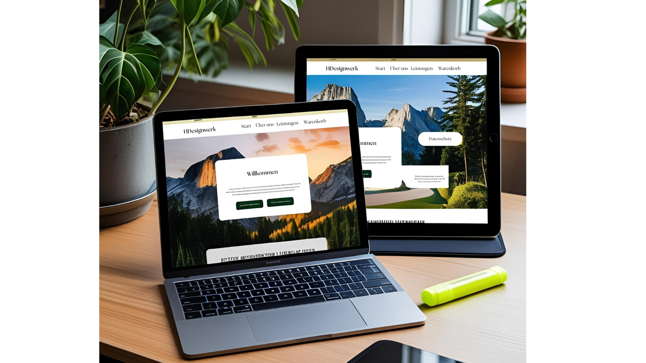 Laptop und Monitor mit geöffneter HDesignwerk-Website - Premium Webdesign-Paket für individuelle, hochwertige und responsive Webseiten