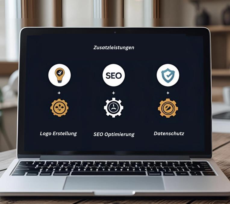 HDesignwerk Laptop mit Icons - Zusatzleistungen im Webdesign: Logo-Erstellung, SEO-Optimierung, Wartung und individuelle Anpassung<br>