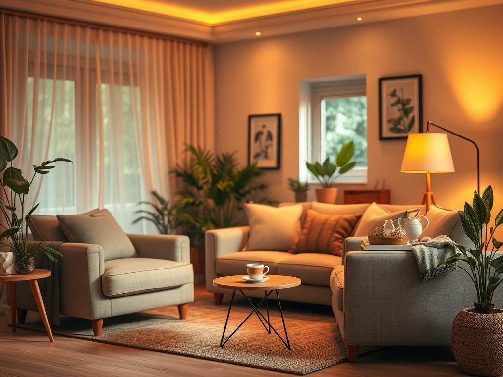 A cozy living room with warm lighting, featuring a comfortable