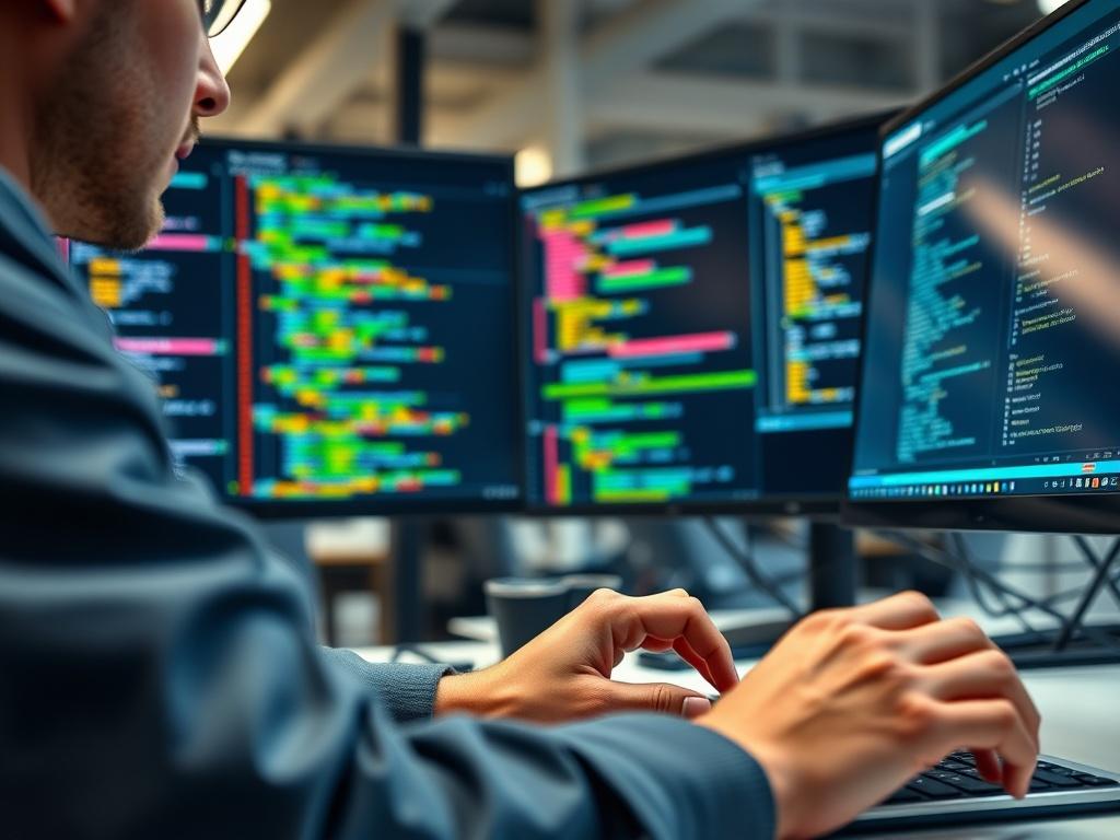 A close up shot of a software developer coding in