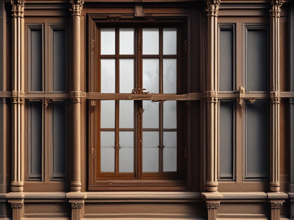 Close-up of a beautifully restored historic wood window, showcasing intricate details and craftsmanship, set against a softly blurred background that emphasizes the window's elegance.