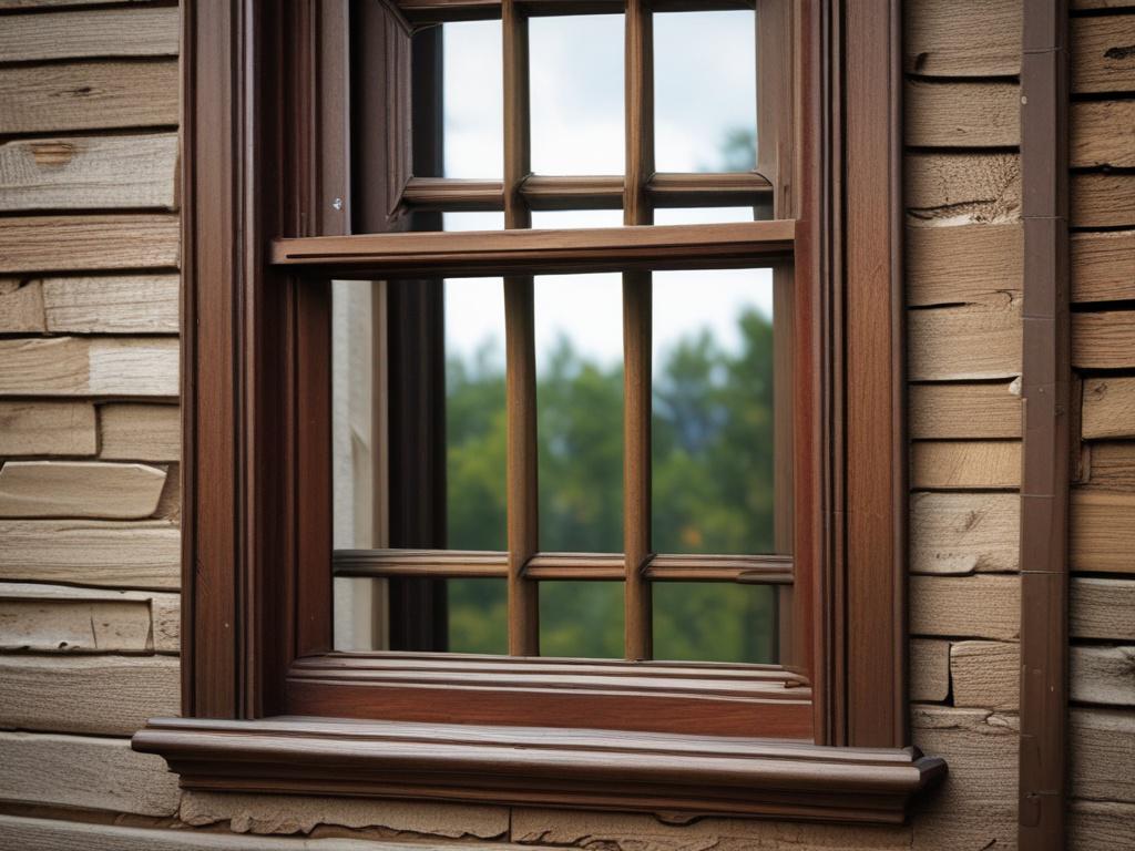 Close-up of a repaired and refinished wooden window frame, emphasizing smooth surfaces and rich wood tones, with a soft-focus background that highlights the craftsmanship.