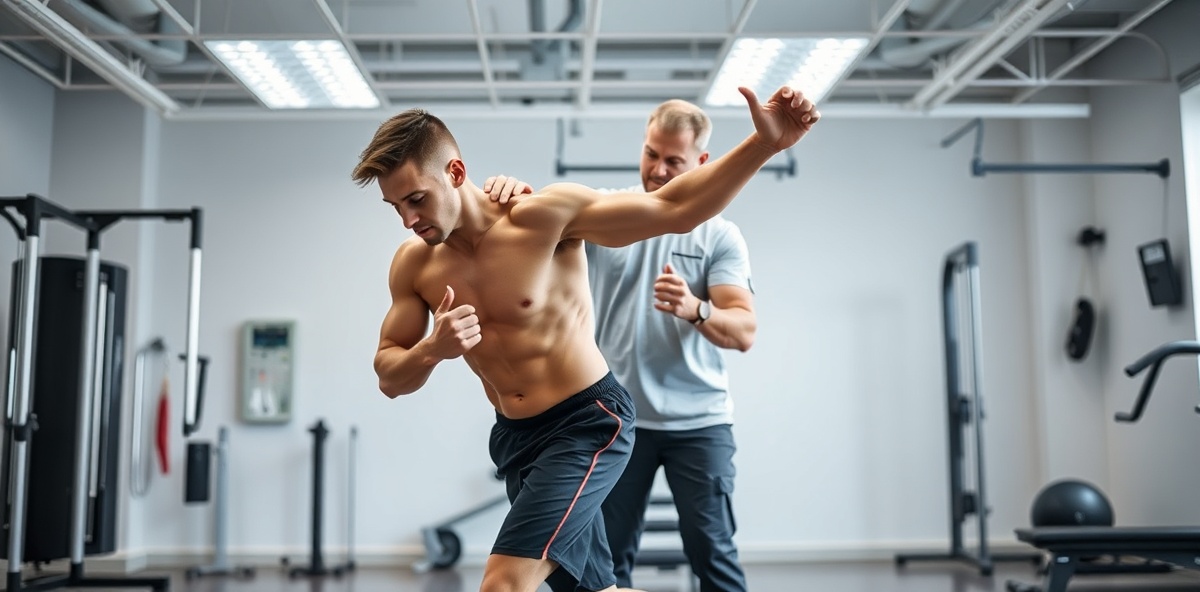 Physiotherapist guiding patient through rehabilitation exercise