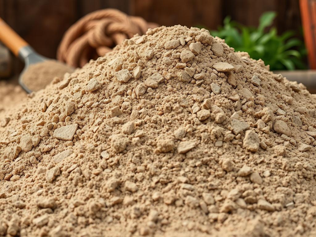 A high-resolution image of Select Fill soil mix, showcasing a realistic pile of sandy, clay-rich soil. The composition should focus on the texture of the soil, highlighting its earthy tones and natural appearance. The background should be a simple, rustic setting, possibly with a hint of greenery or construction tools to emphasize its use in building projects.