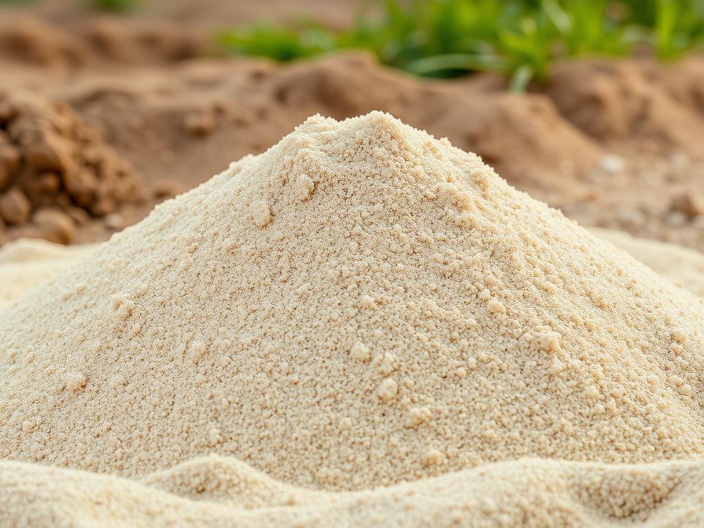 A high-resolution photo of a pile of screened fill sand, showcasing its fine texture and uniform consistency. The sand should be displayed prominently in the foreground, with a natural earthy background featuring hints of grass or dirt to emphasize its use in construction and landscaping. The lighting should be soft and natural, highlighting the sand's clean appearance and earthy tones, compatible with rgb(193, 153, 87).