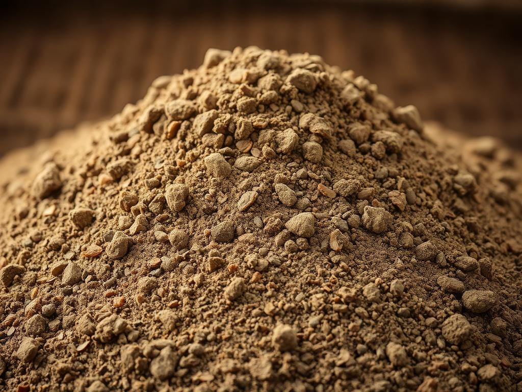 A realistic, high-resolution image of a pile of Screened Sandy Loam with earthy tones and textures. The composition should focus solely on the sandy loam, showcasing its rich, dark brown color with visible grains of sand and organic matter. The background should be softly blurred, highlighting the product while maintaining a natural, rustic aesthetic. Ensure the lighting is warm, enhancing the earthy textures and colors.