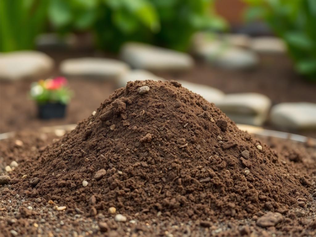 A realistic high-resolution image of finely processed screened top soil in a natural earthy tone. The composition should focus solely on a mound of smooth, dark brown soil with a few small pebbles scattered throughout. The background should be a simple, blurred garden setting with greenery, emphasizing the quality and richness of the soil. The lighting should be natural, showcasing the texture and color of the soil.