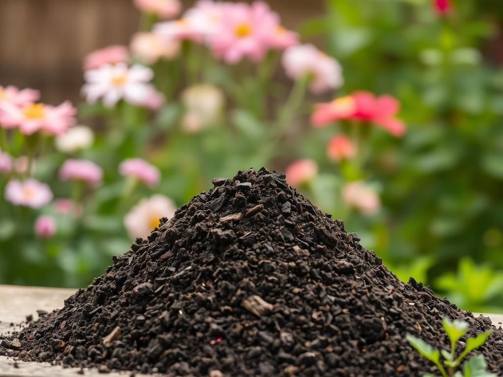 A realistic high-resolution photo of a pile of Screened Rich Mix soil, showcasing its dark, rich texture with visible organic compost elements. The background features a soft-focus garden scene with blooming flowers and greenery, creating an earthy and inviting atmosphere. The photo should capture the natural tones and rustic aesthetic, highlighting the quality of the product.