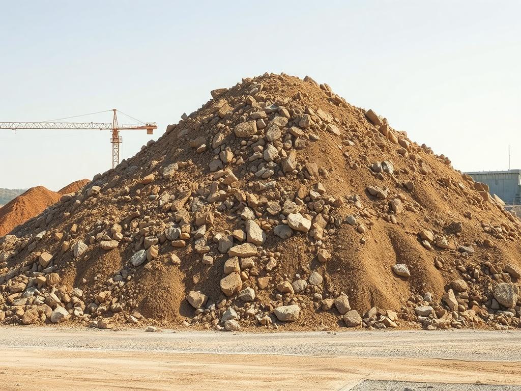 A realistic high-resolution photo of a clean fill disposal site featuring a large pile of clean, uncontaminated fill materials such as soil, dirt, and rock. The composition should be simple and clear, focusing on the pile of materials against a backdrop of an open construction area. The colors should reflect natural earthy tones, with the primary color being compatible with rgb(193, 153, 87). The lighting should be bright and natural, showcasing the quality and cleanliness of the materials.