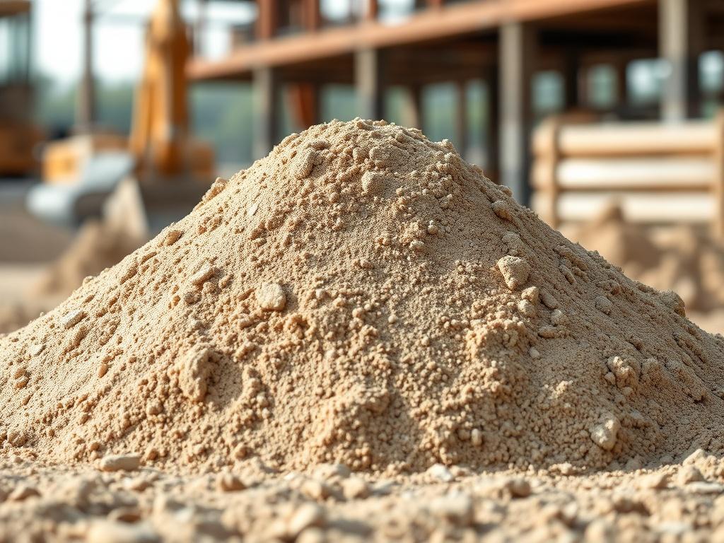 Create a realistic high-resolution photo of a mound of fill sand in natural earthy tones. The composition should feature the mound prominently in the center, with a blurred background of a construction site to suggest its application. The lighting should be soft and natural, reflecting an outdoor setting, with a rustic aesthetic that emphasizes the texture of the sand. The overall look should be grounded and realistic, capturing the essence of a reliable construction material.