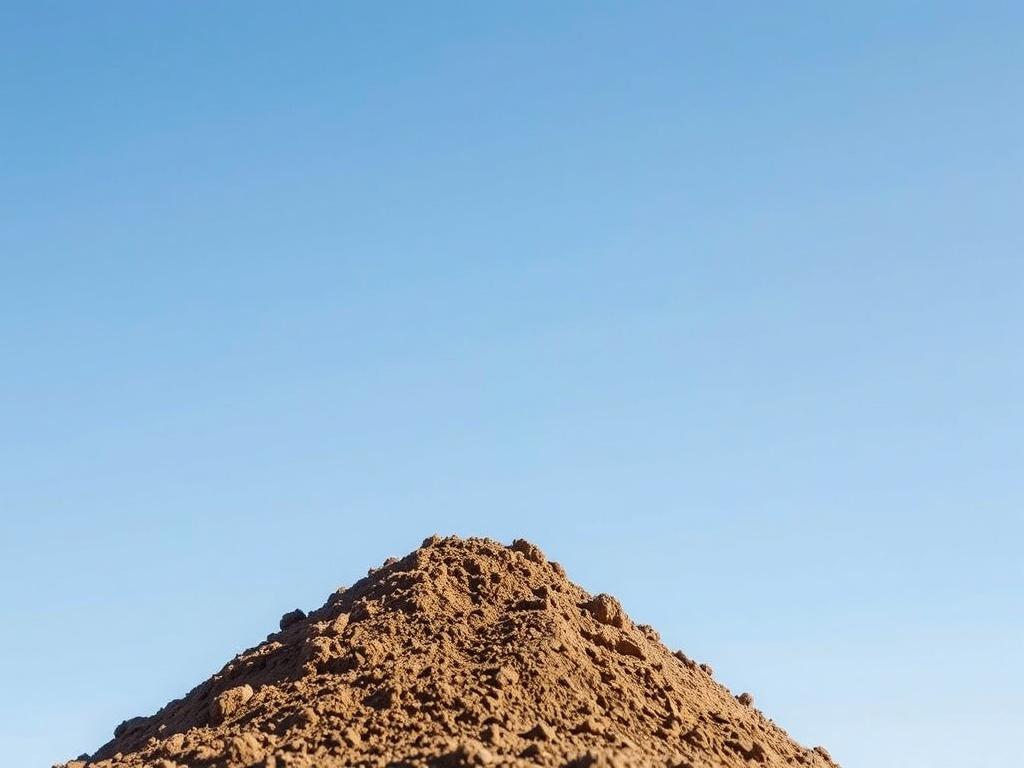 A realistic high-resolution photo of a pile of grading dirt, showcasing its rich earthy texture and natural tones. The background should be a clear blue sky, emphasizing the dirt's quality and suitability for construction and landscaping. The composition should focus solely on the dirt, allowing its details and richness to stand out.