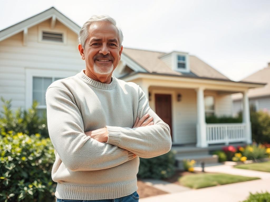 Create a realistic high-resolution photo that captures the essence of a blog post titled "Selling a House with Tenants? We Buy the Property (and the Headache) for Cash." The composition should be simple and clear, featuring a single subject in the foreground: a relieved property seller. The seller is a middle-aged person, exuding an expression of ease and relief, standing in front of a modest rental home. 

The subject's attire should reflect the casual, everyday style of someone who has just overcome a sig