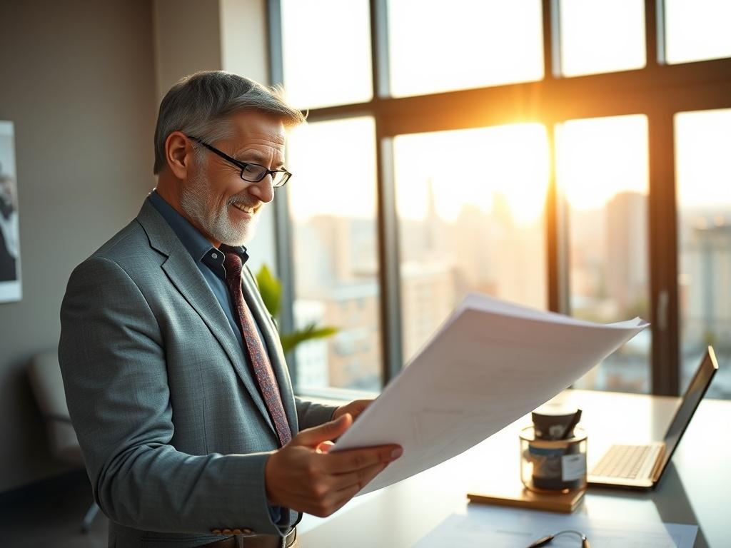 Create a realistic high-resolution photograph that visually captures the essence of understanding property wholesaling. The composition should feature a single, focused subject: a confident real estate professional examining property blueprints or documents. The individual should be a middle-aged person dressed in professional attire, standing at a modern office desk, looking thoughtfully at the documents, with a slight smile demonstrating assurance and expertise. 

In the background, softly blurred, a wind