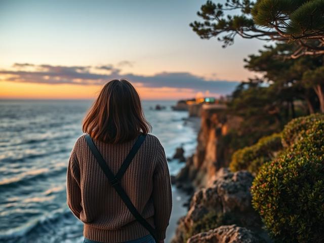 Create a realistic high-resolution photo that captures the essence of Santa Cruz in November. The composition should feature a single subject: a traveler enjoying a scenic overlook of the Pacific Ocean from a rugged cliff. This traveler, dressed in a cozy sweater and a light jacket to reflect the cooler November weather, gazes out at the horizon, feeling a sense of peace and adventure.

In the background, show the beautiful coastline of Santa Cruz, with gentle waves lapping against the rocks. The sky should