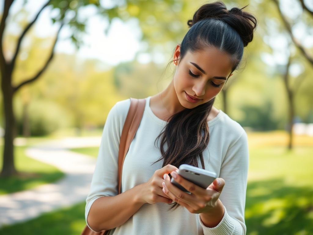 Create a realistic high-resolution image that embodies the theme of a blog titled "Exploring the Benefits of Faith Apps." The composition should be simple and clear, focusing on a single, relatable subject. 

Subject Matter: Showcase a young woman engaged with her smartphone in a serene outdoor setting, illustrating the use of a faith app. She should appear focused and contemplative, depicting a moment of spiritual exploration. 

Background: Include a soft-focus background of a tranquil park with gentle gre