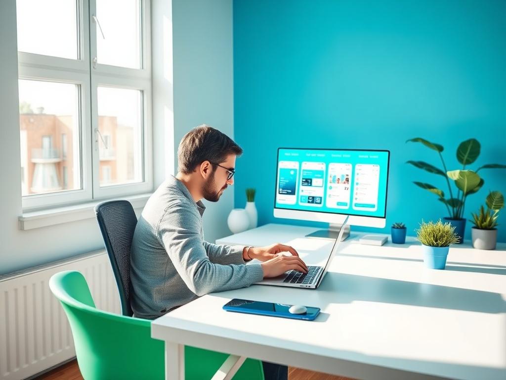 A modern and inviting workspace with a single person focused on developing mobile applications. The individual is seated at a clean desk with a laptop open, displaying app interface designs. Bright blues and greens are present in the room decor and on the screen. Natural light streams through a window, creating a warm and productive atmosphere. The background is minimalistic, emphasizing clarity and usability.