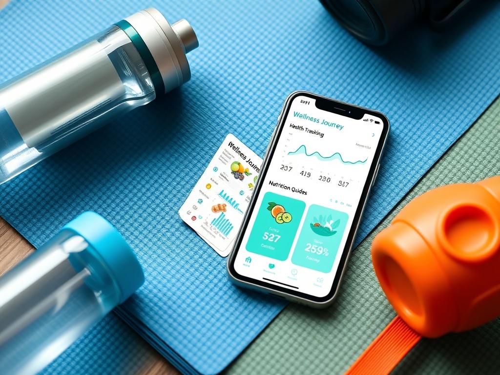 A mobile device displaying the Wellness Journey app, featuring health tracking graphs and nutrition guides. The phone rests on a yoga mat alongside a water bottle and fitness equipment, emphasizing a healthy lifestyle.