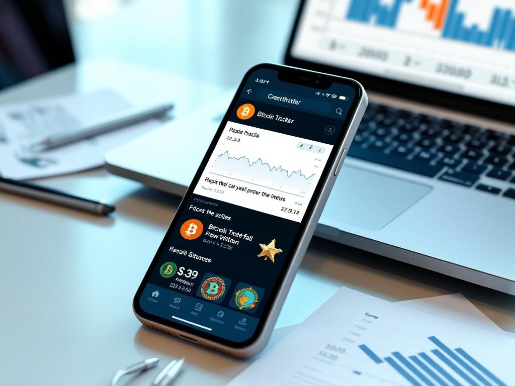 A smartphone displaying the Bitcoin Tracker app, showcasing real-time price charts and news articles about cryptocurrency. The device is placed on a modern desk with a sleek laptop and financial documents, suggesting a professional investment environment.