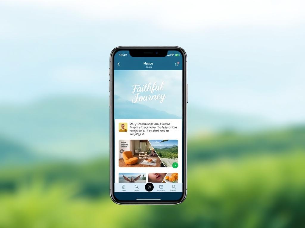A high-resolution image of a mobile phone displaying the Faithful Journey app interface, showcasing daily devotionals and scripture readings. The background should be a serene nature scene with soft blues and greens, emphasizing peace and tranquility. The design should be modern and clean, highlighting clarity and usability without any text or abstract shapes.