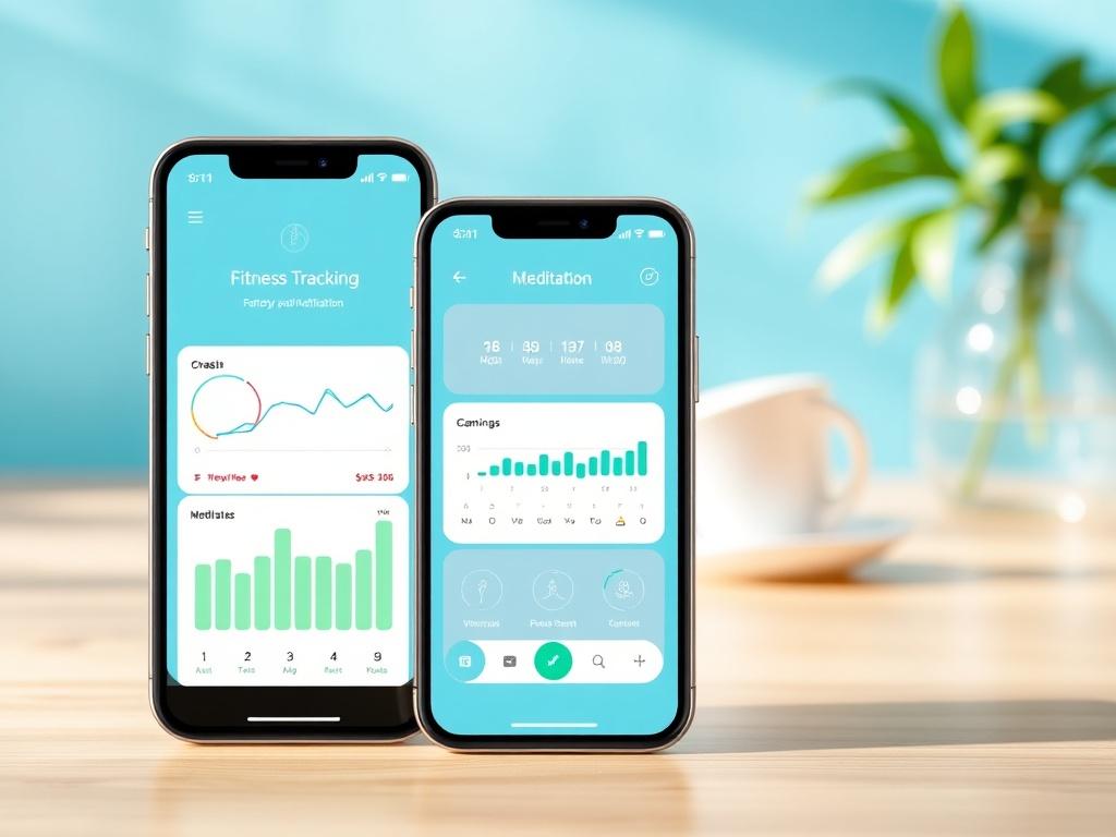 A high-resolution image of a smartphone displaying the Health & Harmony app, featuring charts for fitness tracking and a calming meditation section. The background should be a bright, inviting wellness environment with blues and greens, portraying health and vitality. The composition should emphasize modern design and usability.