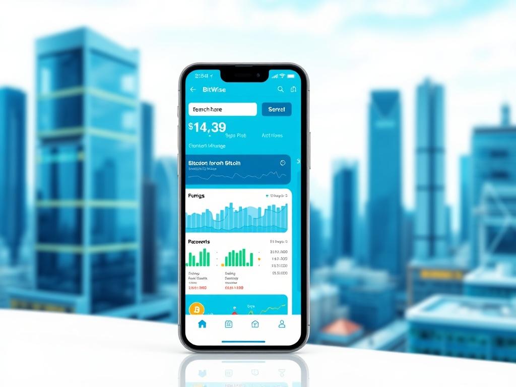 A high-resolution image of a mobile device showcasing the BitWise app with colorful charts and educational content about Bitcoin. The background should be a sleek, modern cityscape with blues and greens, symbolizing innovation and finance. The focus should be on clarity and usability in the app design.