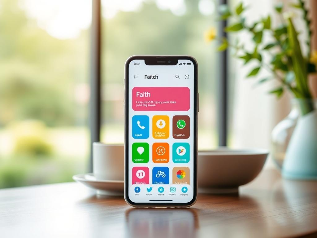 Create a realistic high-resolution photo featuring a modern smartphone displaying a vibrant interface of a faith app on its screen. The composition should be centered around the smartphone, with its screen clearly visible and showcasing an engaging layout filled with colorful icons that represent different features like daily scriptures, prayer requests, and community sharing. The background should be softly blurred, incorporating a serene environment such as a tranquil park with gentle greenery or a cozy i