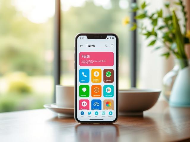 Create a realistic high-resolution photo featuring a modern smartphone displaying a vibrant interface of a faith app on its screen. The composition should be centered around the smartphone, with its screen clearly visible and showcasing an engaging layout filled with colorful icons that represent different features like daily scriptures, prayer requests, and community sharing. The background should be softly blurred, incorporating a serene environment such as a tranquil park with gentle greenery or a cozy i