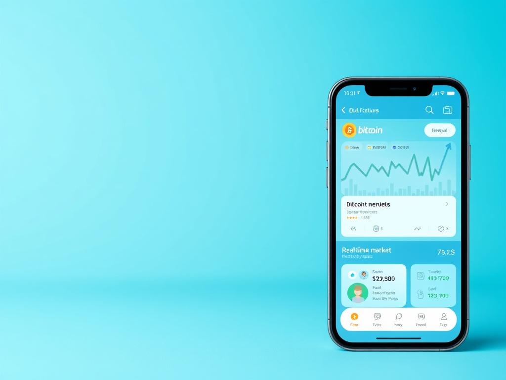 A mobile app interface featuring educational content on bitcoin and blockchain. The design should be sleek and modern, utilizing a color palette of blues and greens. The background should include visual elements representing cryptocurrency, such as graphs and bitcoin icons. The app screen should showcase interactive tutorials and real-time market updates, focusing on clarity and user engagement.