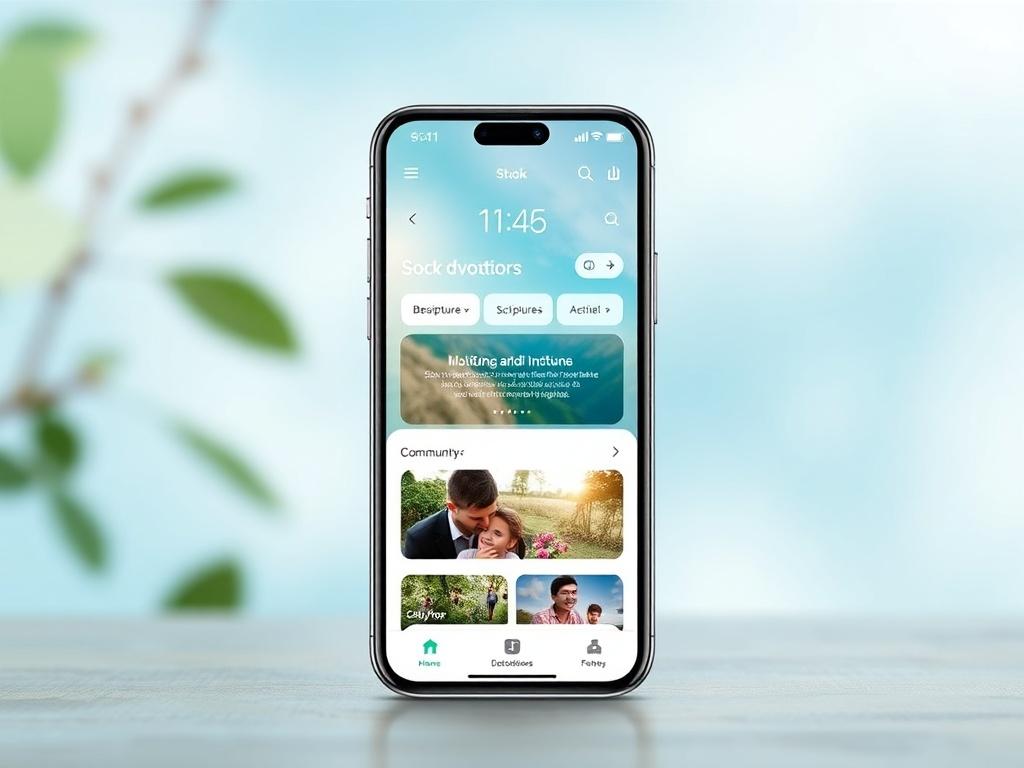 A mobile app interface showcasing a beautiful, user-friendly design with sections for scripture, devotionals, and community engagement. The background should be serene and inviting, featuring soft blues and greens, symbolizing tranquility and faith. The app screen should display engaging content, such as a daily devotional and community discussions, with a focus on clarity and usability.
