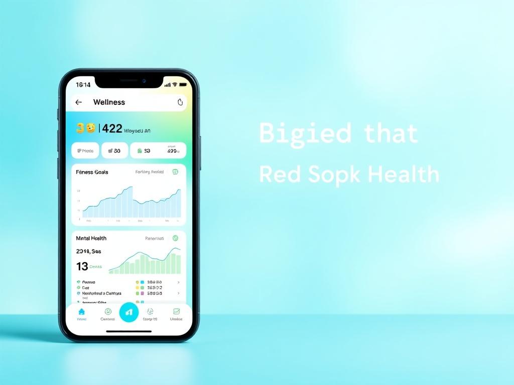 A mobile app interface displaying a wellness tracking feature. The design should be modern and clean, with sections for fitness goals, nutrition tracking, and mental health resources. The background should be vibrant with a mix of blues and greens, reflecting a healthy lifestyle. The app screen should include graphs and motivational quotes, emphasizing clarity and user engagement.