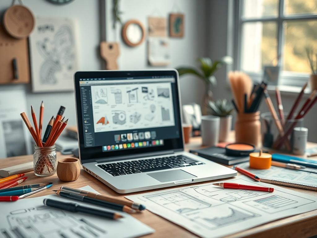 A hyper realistic close up shot of a creative workspace