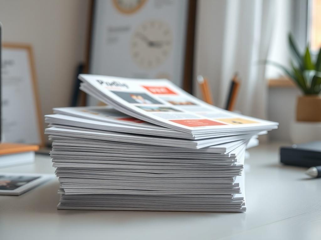 A close-up shot of a neatly organized stack of professional PDF templates on a desk, showcasing different designs and layouts. The setting is minimalistic, emphasizing the templates, captured with a 45mm f/1.2 lens.