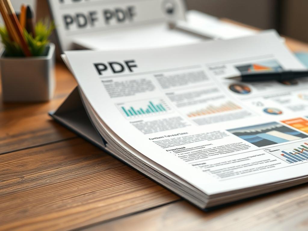 A close-up shot of a beautifully designed PDF document on a wooden desk, with elements like charts and images visible, showcasing a combination of creativity and professionalism. The background should be blurred to focus on the PDF, captured with a 45mm f/1.2 lens.