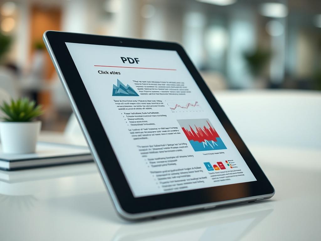 A close-up shot of an interactive PDF displayed on a tablet, highlighting clickable elements and vibrant graphics. The background features a soft office setting, shot with a 45mm f/1.2 lens.